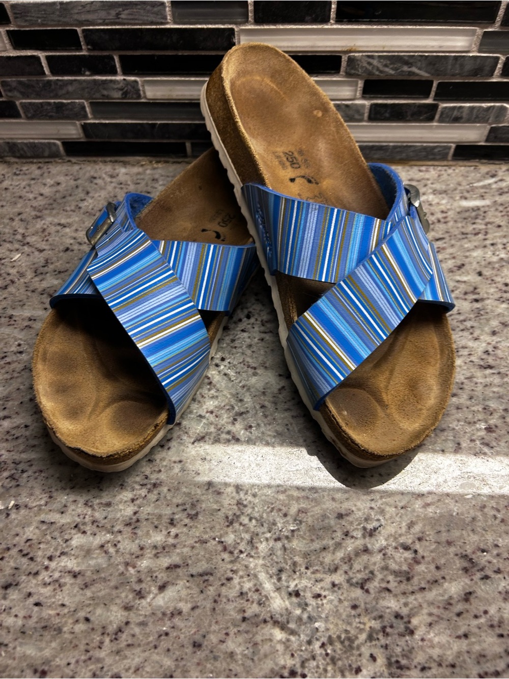 Birkenstock Burki’s blue striped slide with buckle size 8